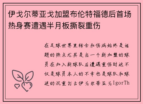 伊戈尔蒂亚戈加盟布伦特福德后首场热身赛遭遇半月板撕裂重伤