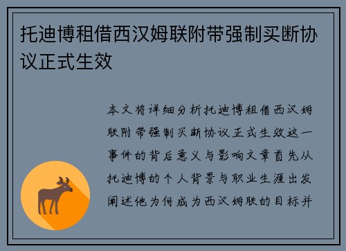 托迪博租借西汉姆联附带强制买断协议正式生效 托迪博租借西汉姆联附带强制买断协议正式生效